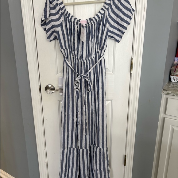 NWT Isabel Maternity Dress Off Shoulder Blue & White Vertical Stripes XXL - Picture 2 of 5